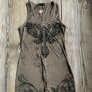 Long Brown tank top with black rhinestone designs